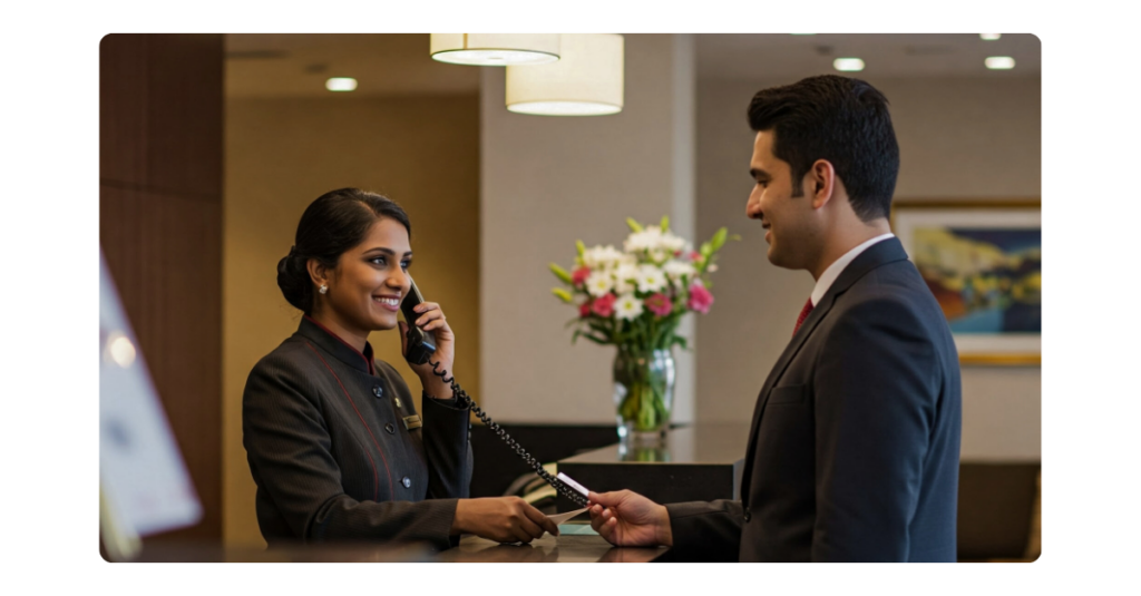 English for hospitality and temporary workers. Woman speaking on the phone in English fluently.