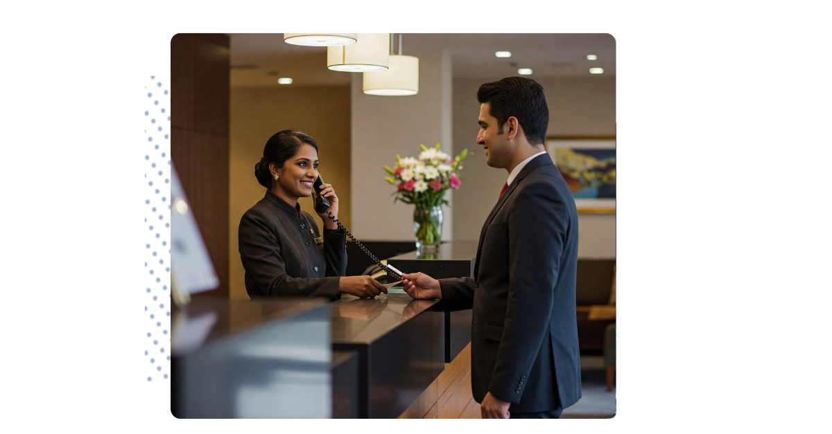 English for hospitality and temporary workers. Woman speaking on the phone in English fluently.