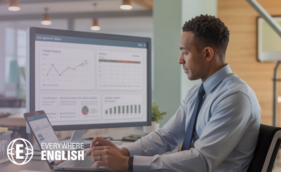man taking part in online english for business training