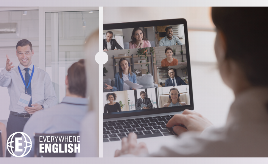 A person attends a meeting in person on the left and joins colleagues virtually on a laptop on the right, highlighting hybrid work—showcasing key advantages of online business English training vs in-house language programmes.