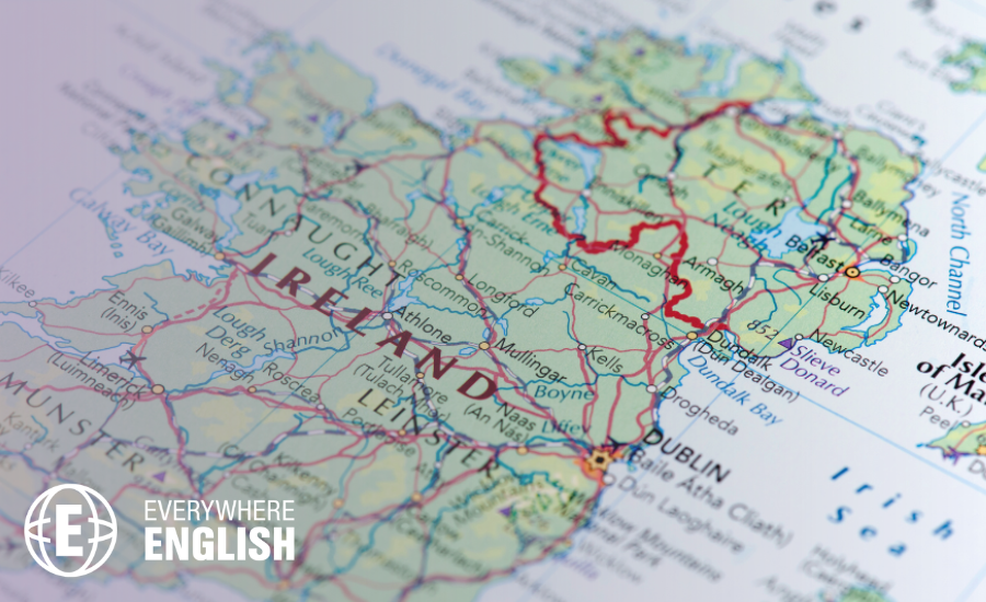 Close-up of a map showing Ireland and Northern Ireland, highlighting Dublin, Galway, the Irish Sea, and locations offering government-funded English courses in both regions.